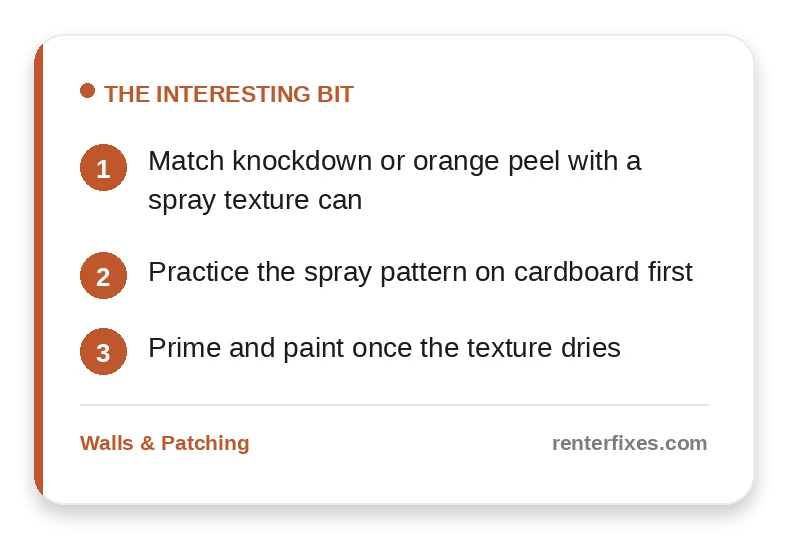 Textured Wall Repair: How to Match Knockdown or Orange Peel Finish — key takeaways